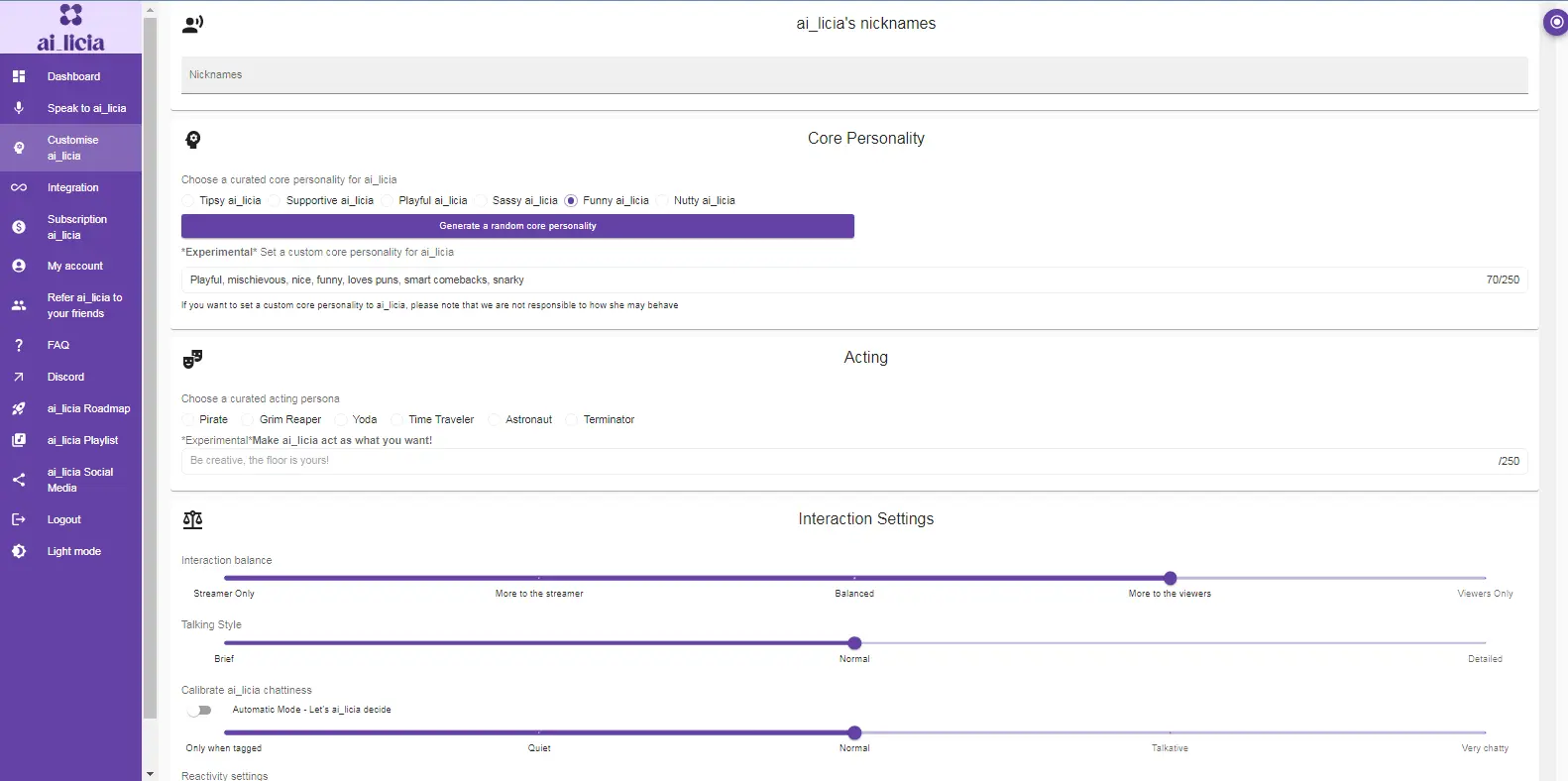 AI Licia Customization - Shows a dashboard for customizing settings in the AI Licia platform.