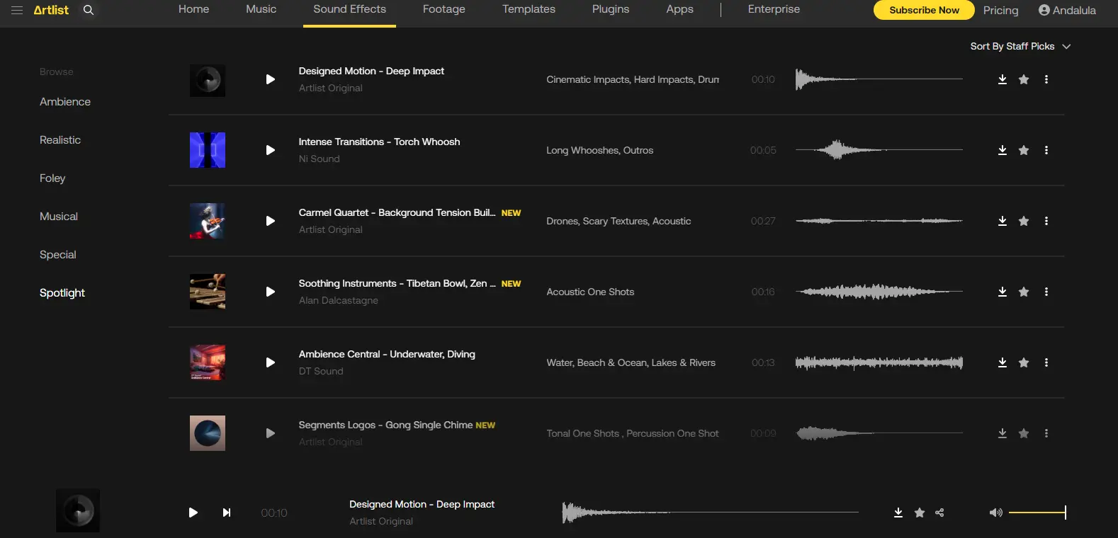 Artlist SFX - Highlights the sound effects library in Artlist, suitable for enhancing audio tracks in productions.