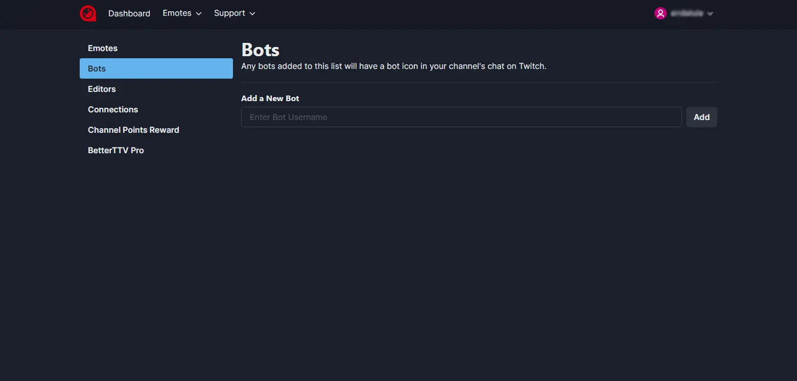 BetterTTV Bot - Features the bot management interface on the BetterTTV platform for Twitch streamers.