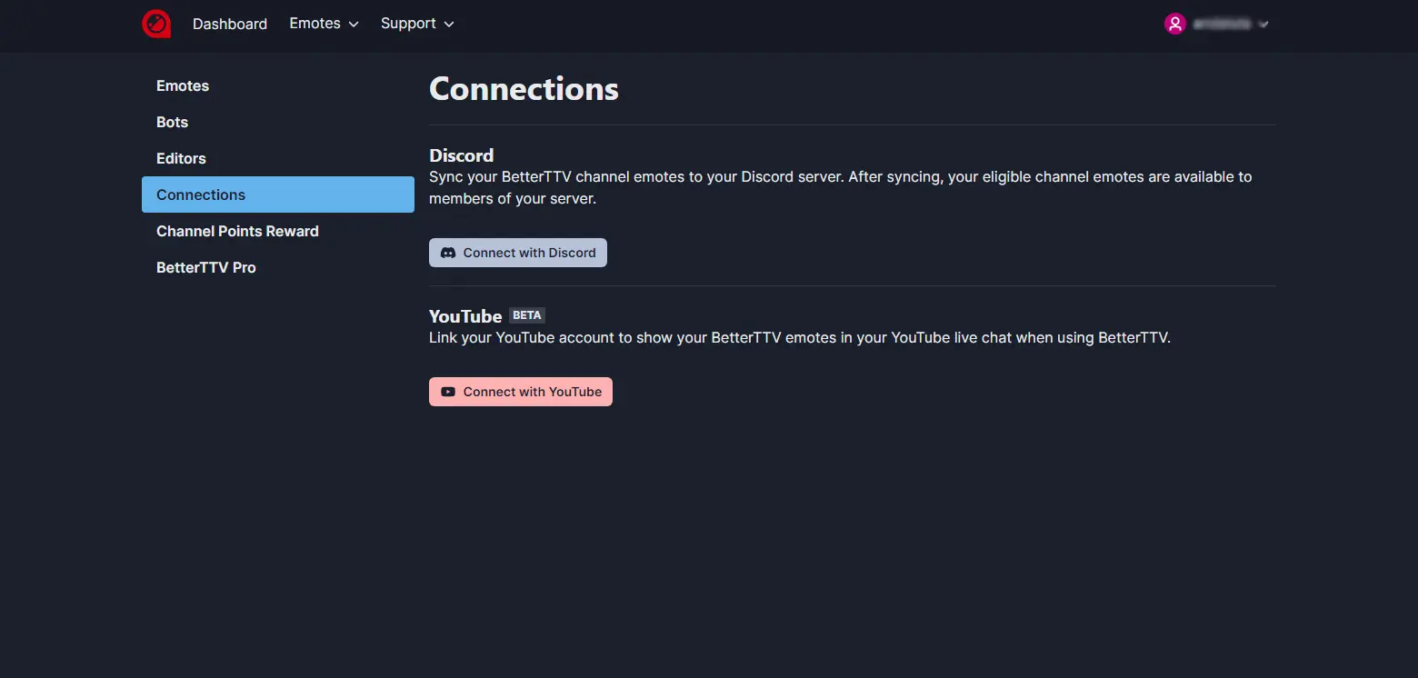 BetterTTV Connections - Displays the connections settings in BetterTTV, allowing integration with other platforms or services.