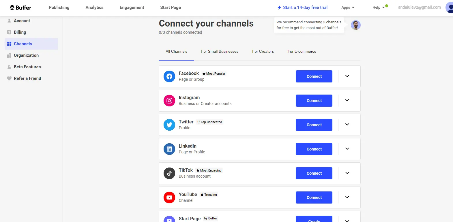 Buffer Channel Connect - Shows the channel connection interface in Buffer, allowing users to link various social media accounts.