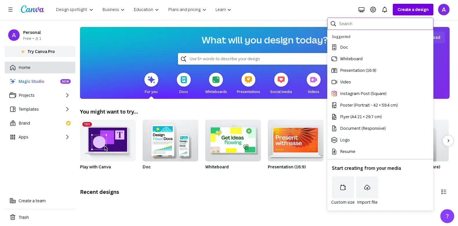 Canva Create Design - Showcases the design creation interface in Canva, where users can start new graphic projects.