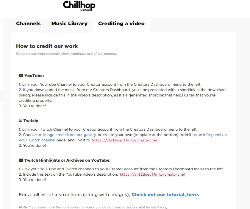 Chillhop Music Credits - Highlights the credits and attribution page in Chillhop Music, showing licensing information.