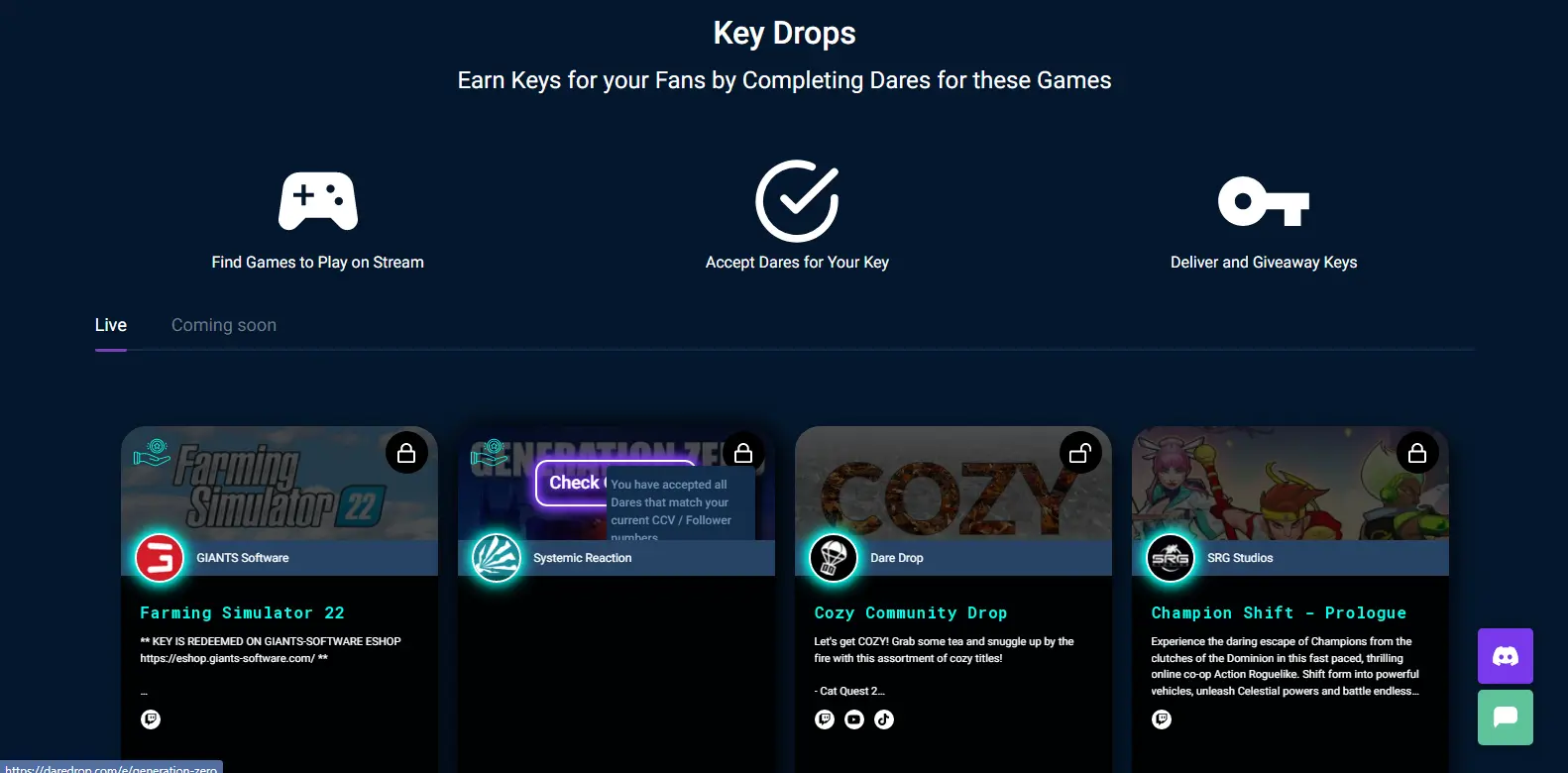 Dare Drop Key Drop - Features the "Key Drop" function in Dare Drop, where creators can distribute digital keys to supporters.