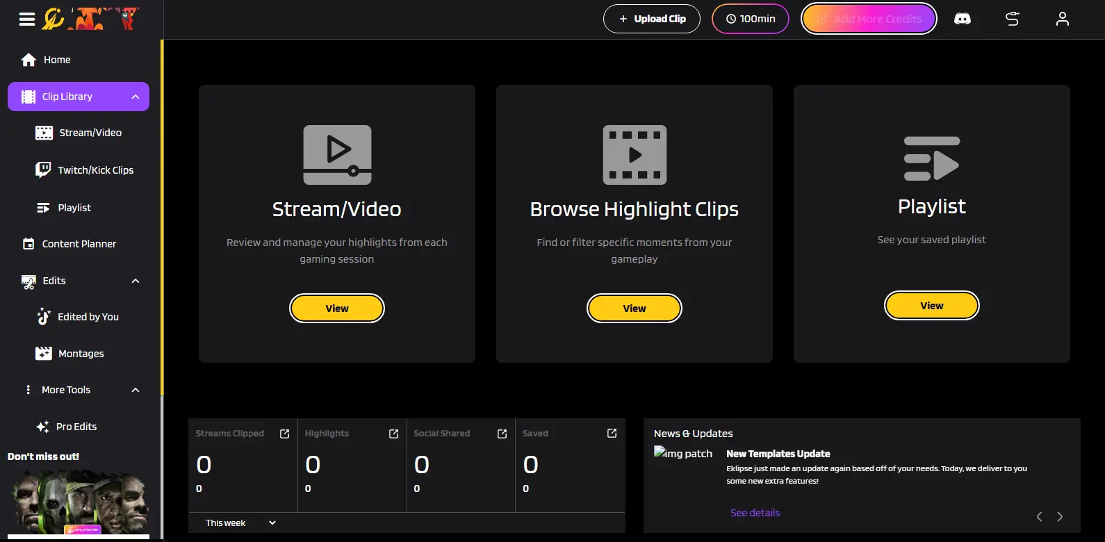 Eklipse Clips - Features the clip management section in Eklipse, where users can review and edit their generated video clips.