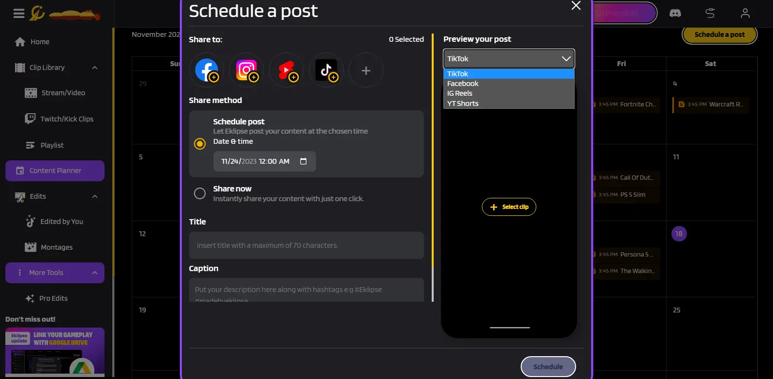 Eklipse Post Scheduling - Shows the post scheduling interface in Eklipse, allowing users to plan and automate social media content.