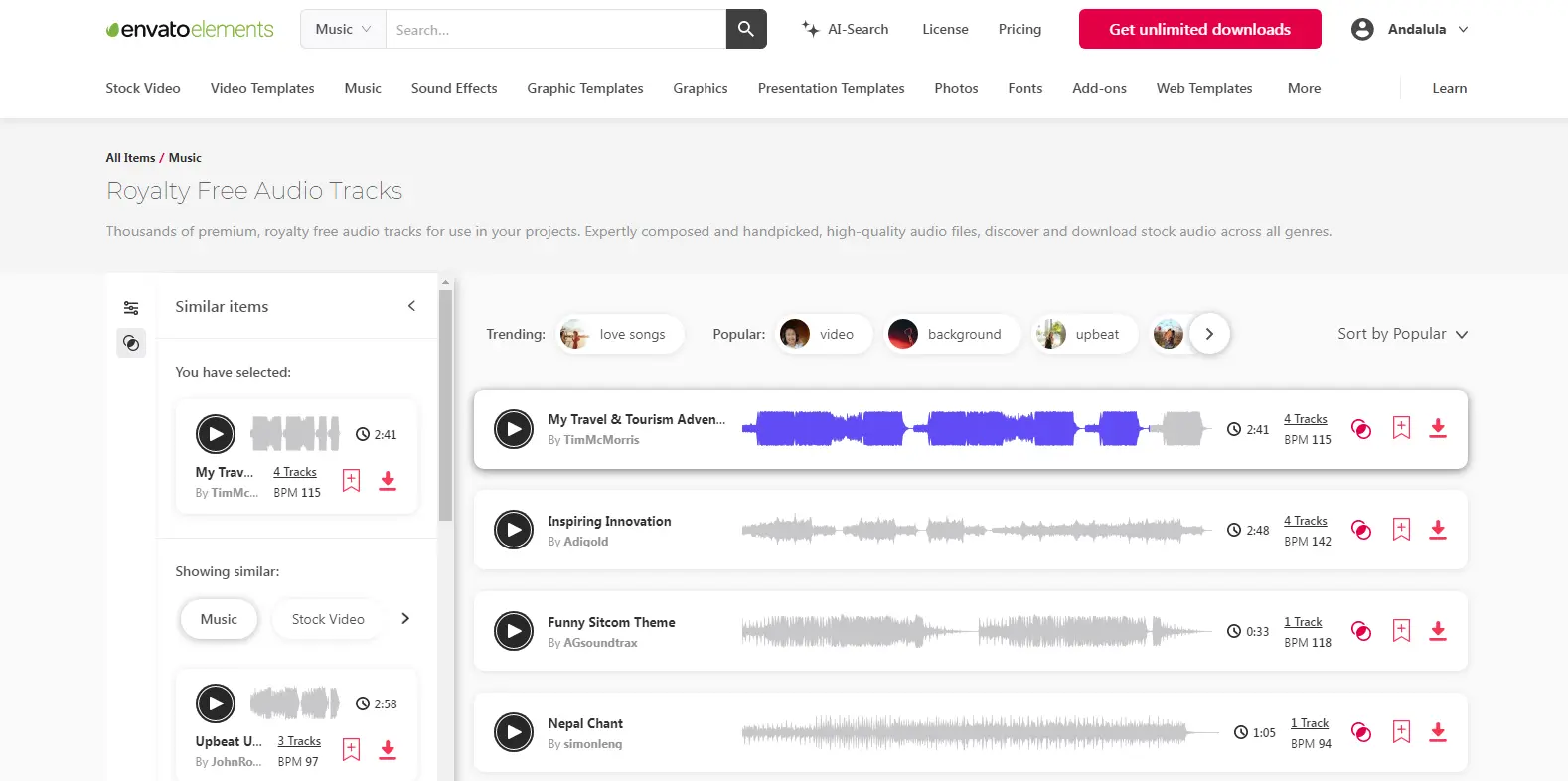 Envato Elements Audio - Shows the audio library in Envato Elements, featuring music tracks and sound effects for projects.