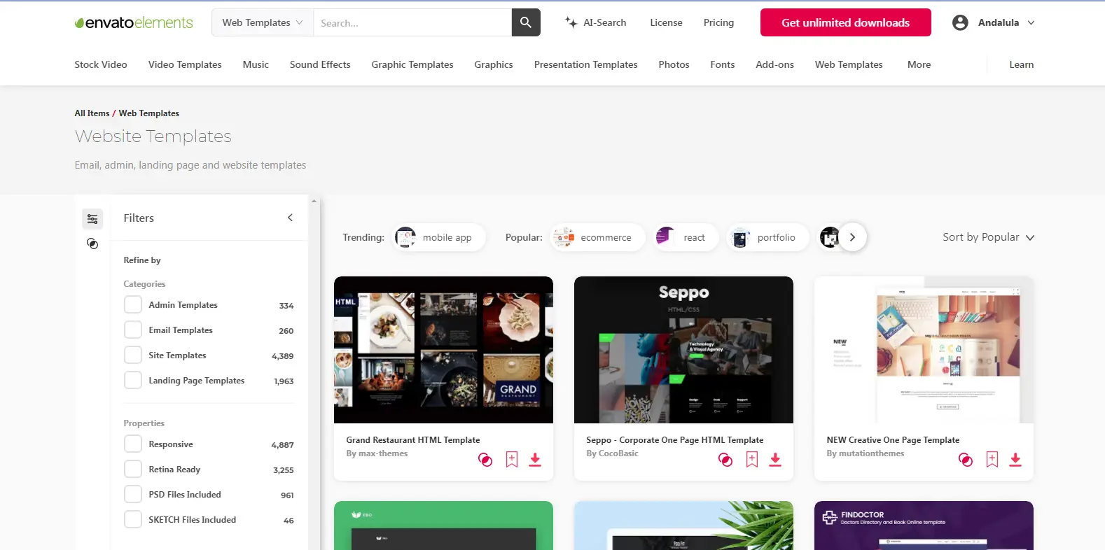 Envato Elements Web Templates - Shows the web template section in Envato Elements, offering designs for websites and online projects.