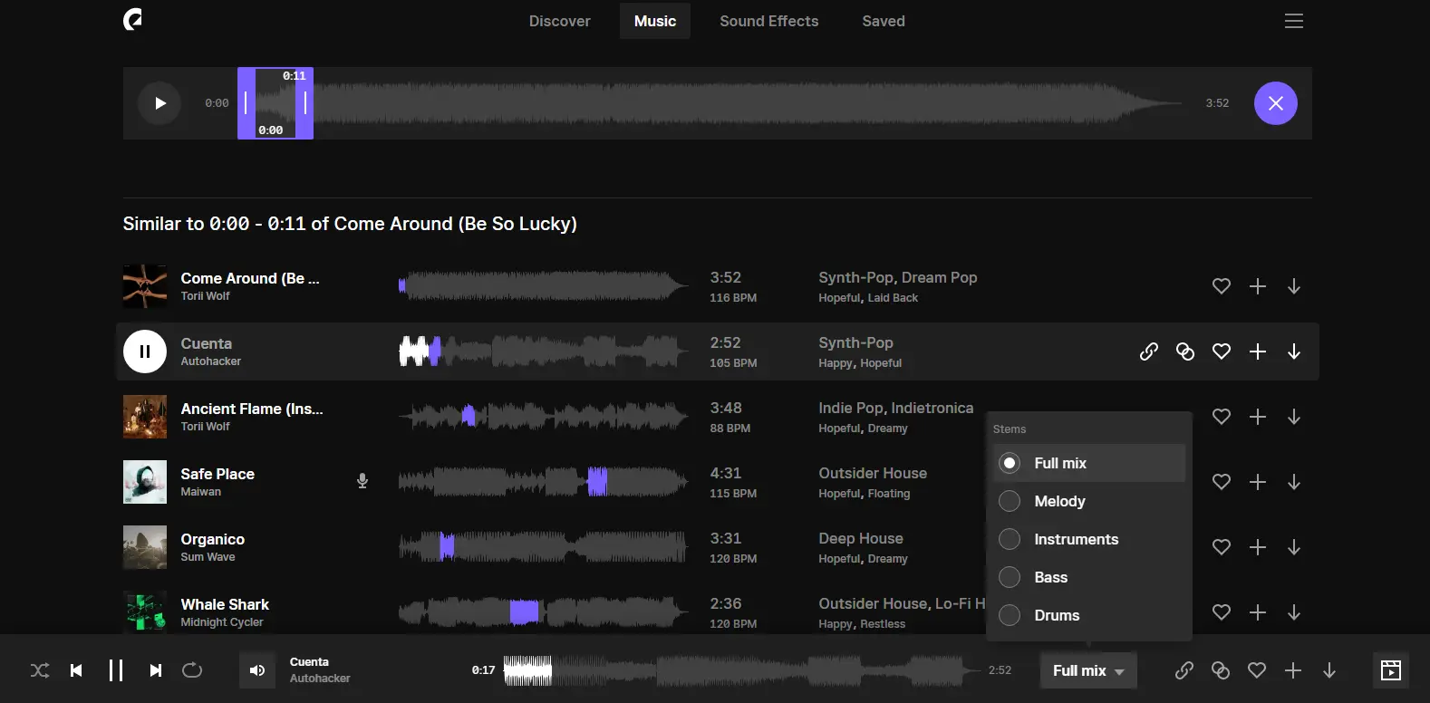 Epidemic Sound Ear Example Stems - Shows example stems in the "Ear" training tool of Epidemic Sound, providing practical examples.