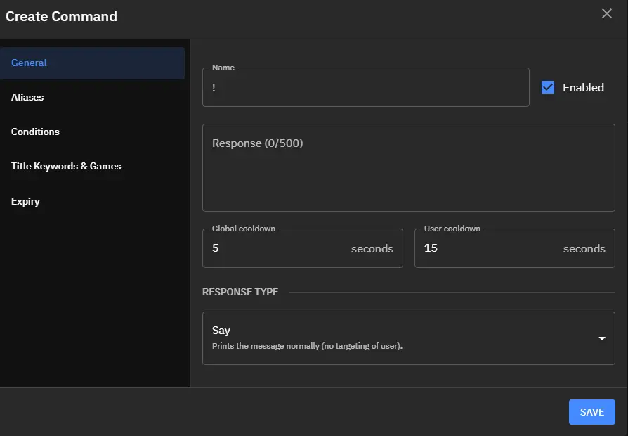 Fossabot Commands - Displays the command setup interface in Fossabot, allowing users to create custom commands for their chat.