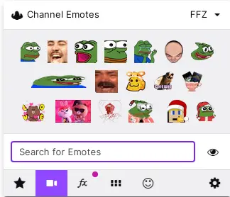 FrankerFaceZ Channel Emotes - Features the channel emotes interface in FrankerFaceZ, where users can manage their custom Twitch emotes.