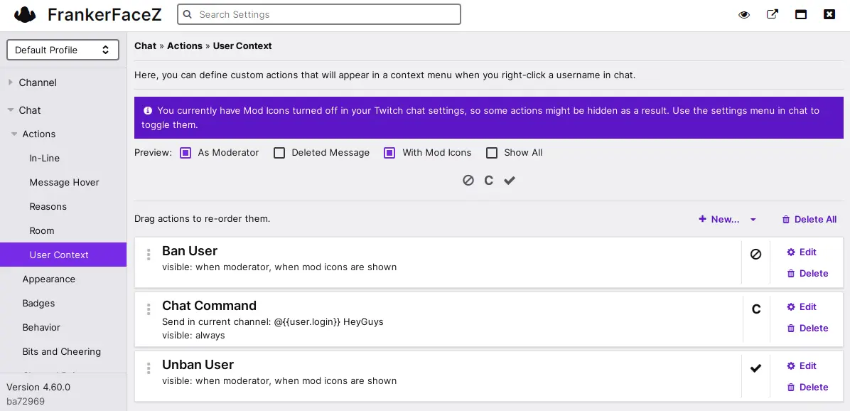 FrankerFaceZ Control Center - Shows the control center in FrankerFaceZ, providing access to settings and features for stream customization.