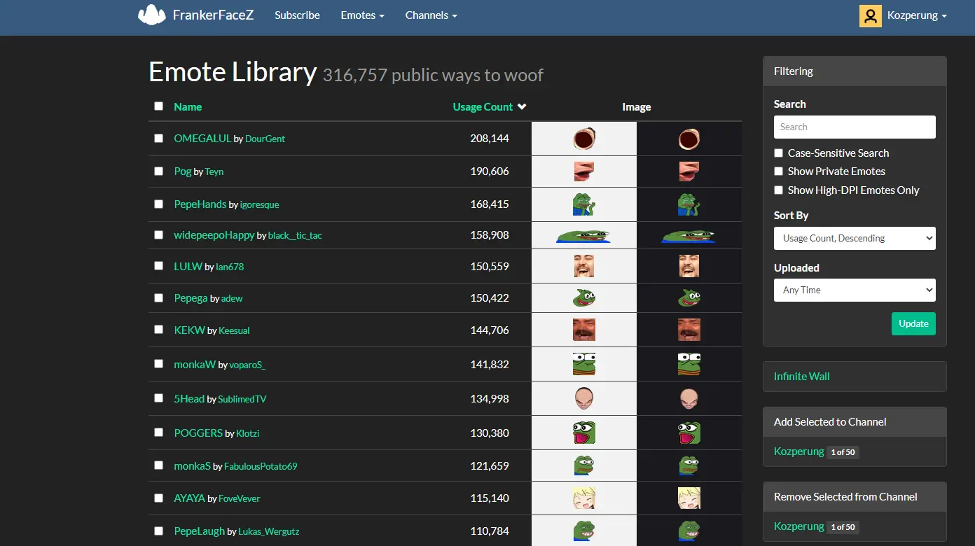 FrankerFaceZ Emotes Library - Displays the emote library in FrankerFaceZ, offering a wide selection of custom emotes for Twitch.