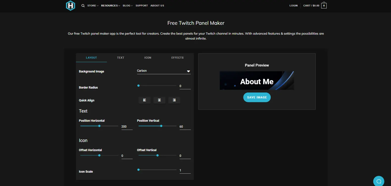 Hexum Free Twitch Panels Maker - Displays the Twitch panels maker in Hexum, providing tools for creating custom channel panels.