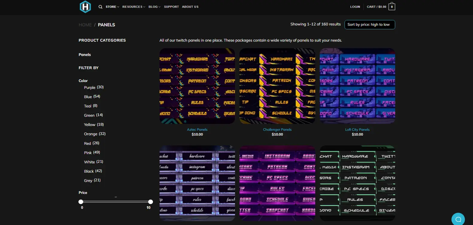 Hexum Panels - Shows the panel management section in Hexum, focusing on customization and design options for Twitch panels.