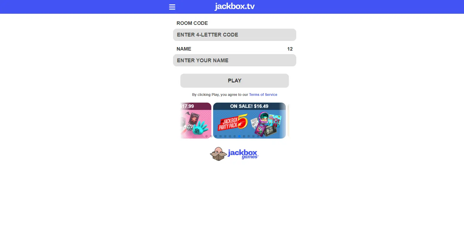 Jackbox TV - Displays the main interface of Jackbox TV, a platform for interactive party games and social entertainment.