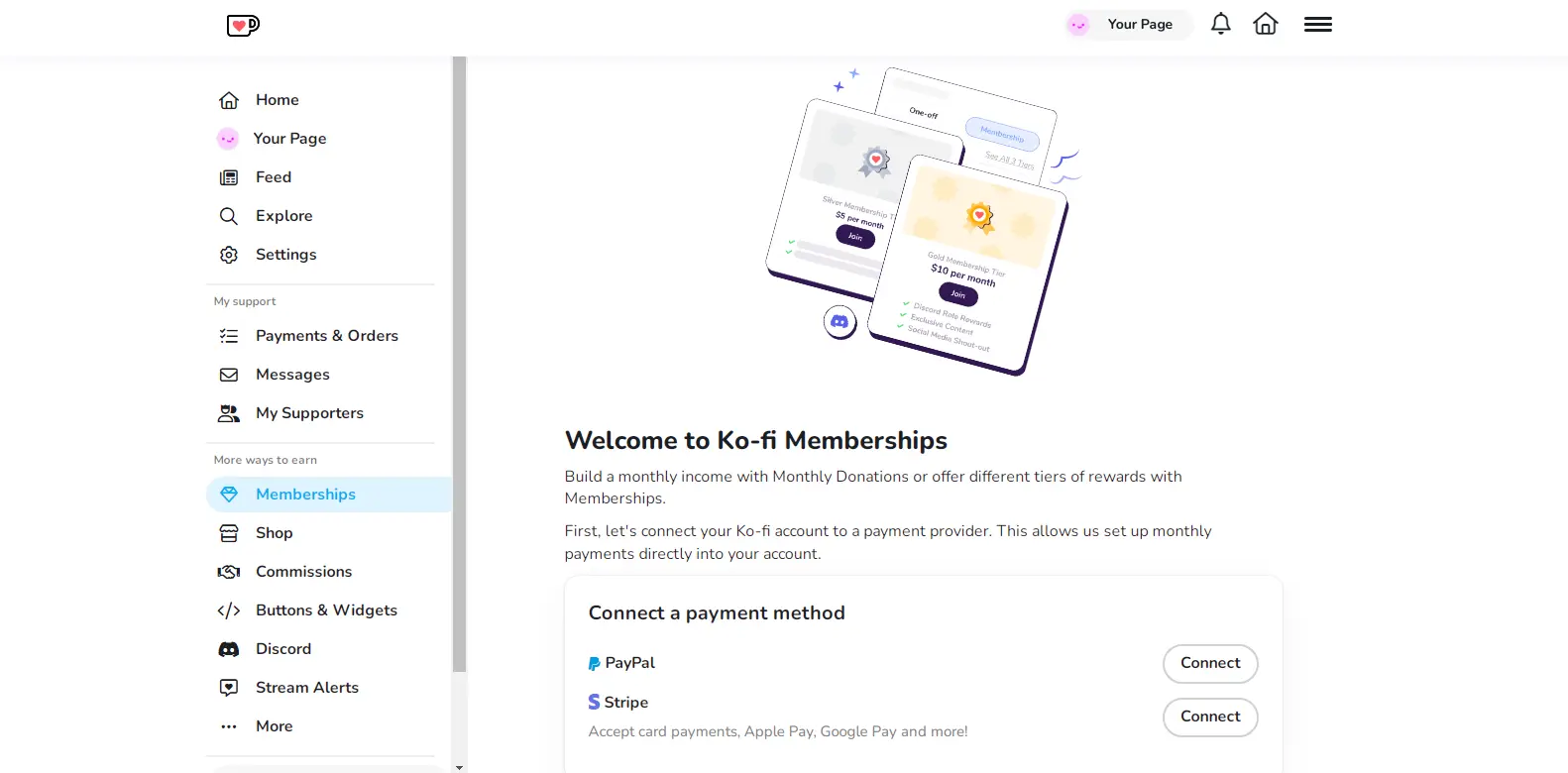 Ko-fi Membership Setup - Illustrates the membership setup interface in Ko-fi, allowing creators to offer subscription options.