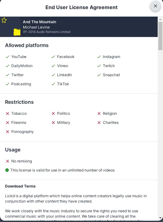 Lickd Included License Agreement - Shows the license agreement details in Lickd, providing legal information for music use.