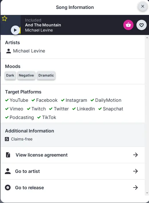 Lickd Included Song Info - Features the song information interface in Lickd, offering details about tracks and usage rights.