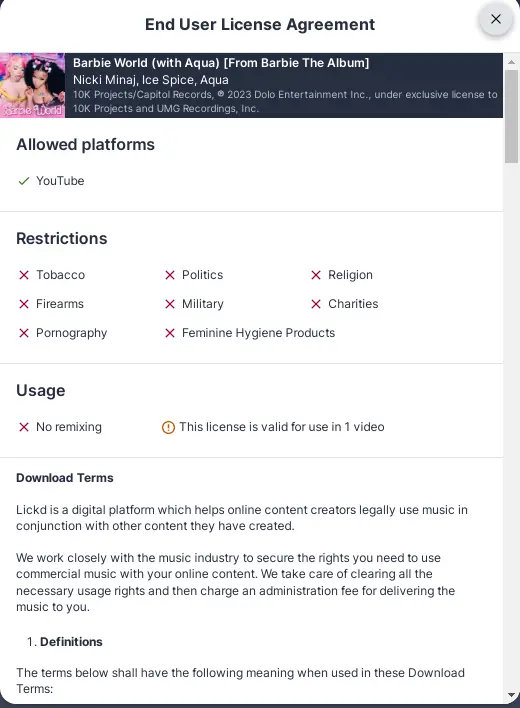 Lickd Premium License Agreement - Displays the premium license agreement in Lickd, detailing terms and conditions for high-tier music use.