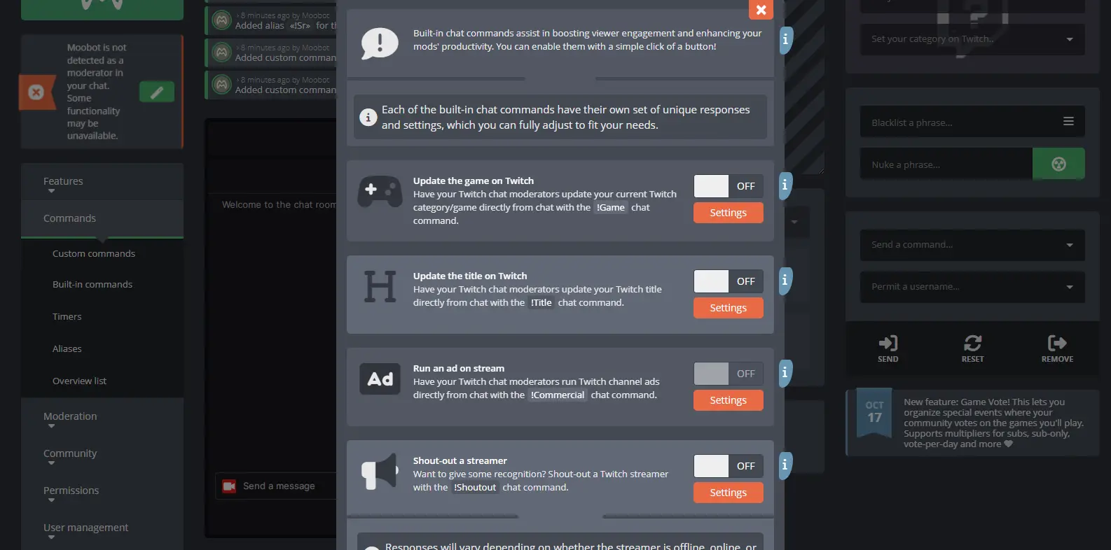 Moobot Chat Commands - Features the chat command setup in Moobot, allowing users to customize commands for their streams.