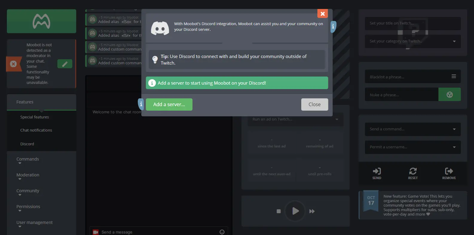 Moobot Discord Integration - Displays the Discord integration options in Moobot, linking Twitch streams with Discord servers.