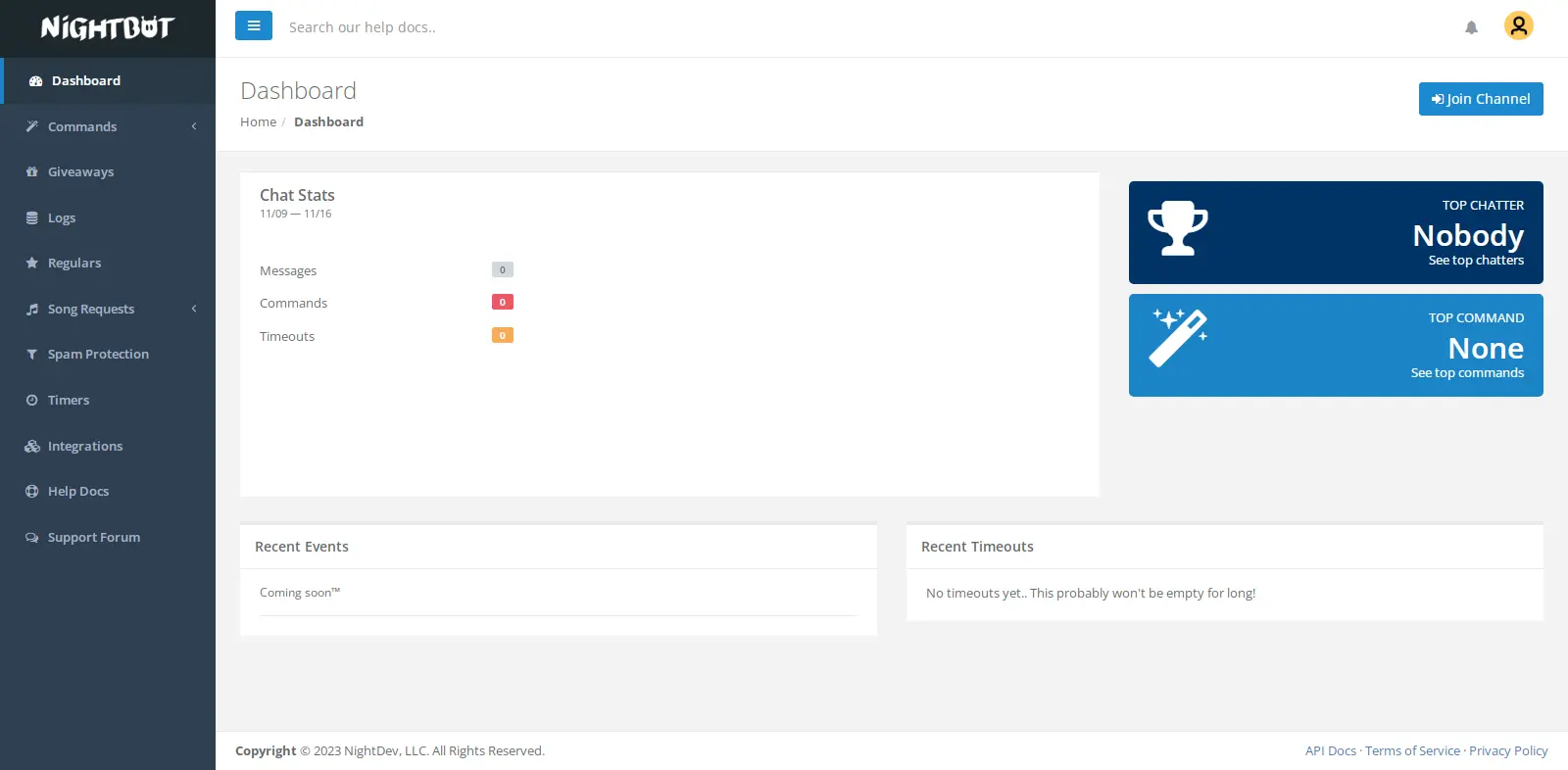 Nightbot Dashboard - Highlights the main dashboard in Nightbot, offering access to settings and features for stream management.