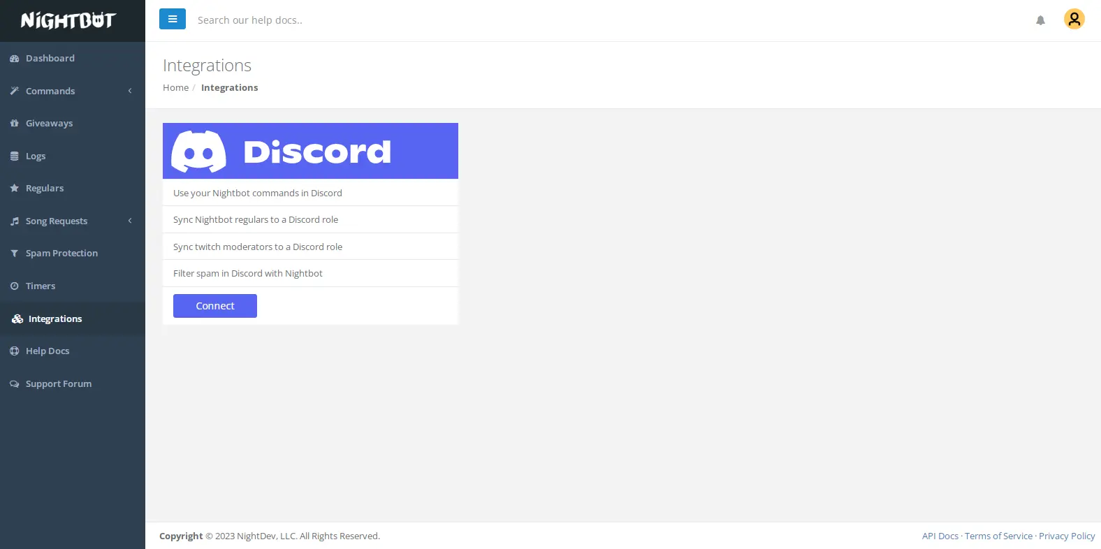 Nightbot Discord Integration - Shows the Discord integration settings in Nightbot, enabling connections between Twitch and Discord.