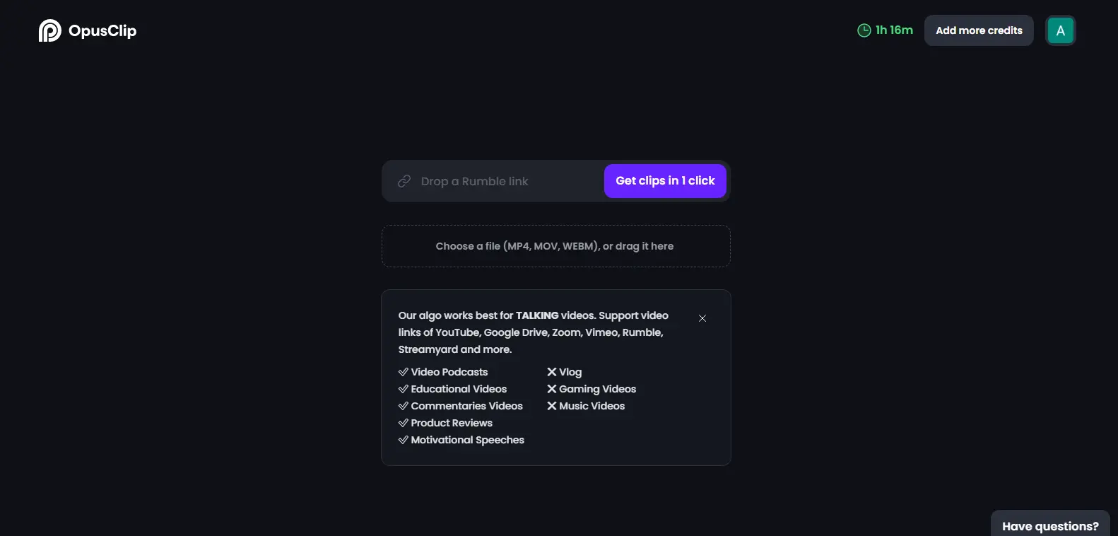 Opus Clip Dashboard - Highlights the dashboard in Opus Clip, providing a central hub for project management and tracking.