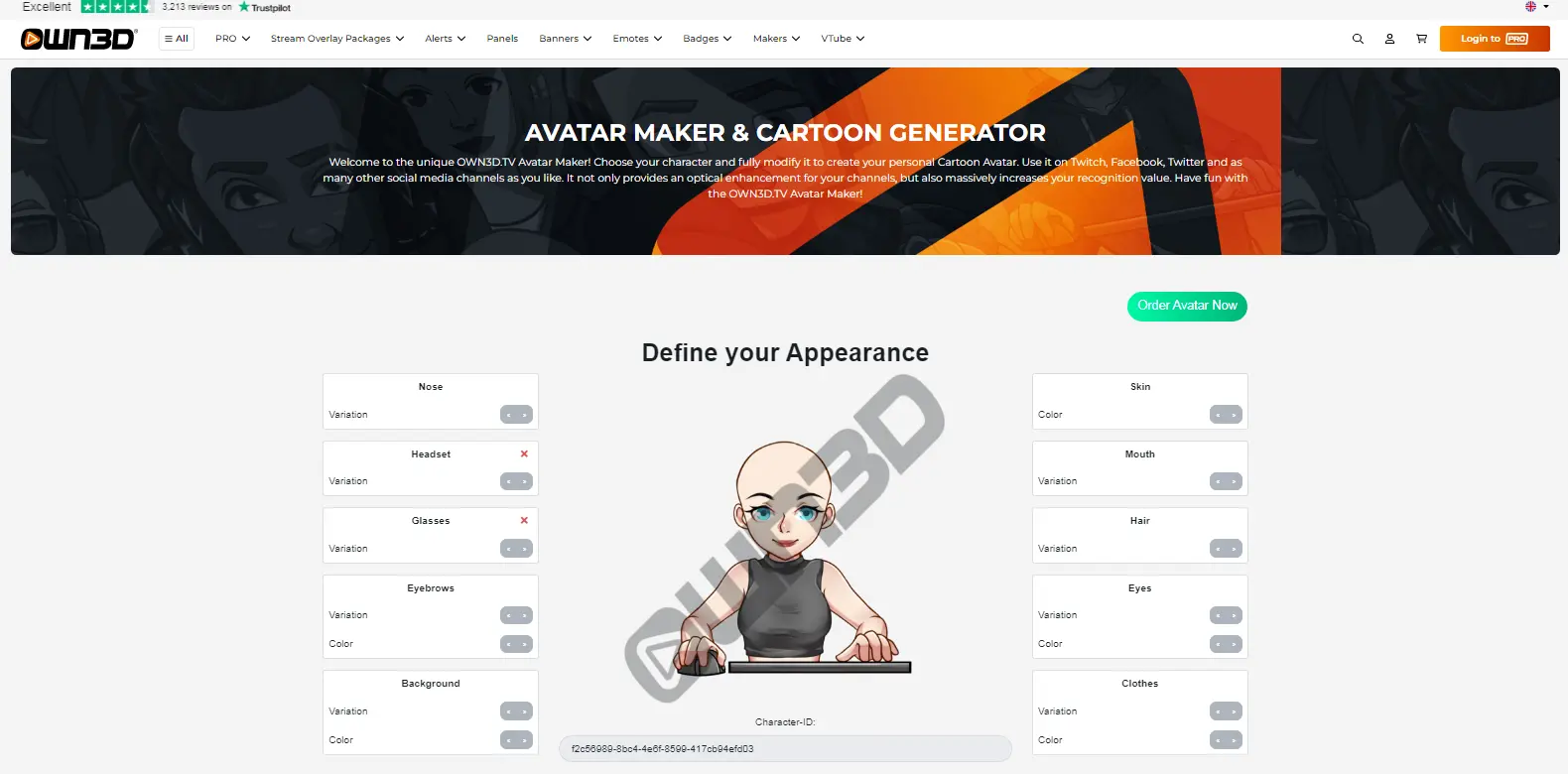 Own3d Avatar Maker - Features the avatar maker tool in Own3d, allowing users to create customized virtual characters.