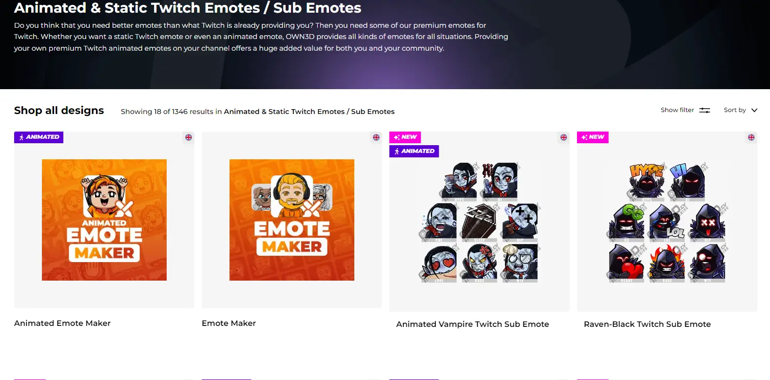 Own3d Emotes - Displays the emotes section in Own3d, where users can create and manage custom Twitch emotes.