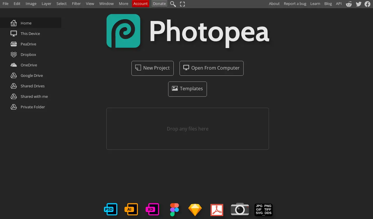 Photopea - Displays the main interface of Photopea, an online photo editing tool with extensive features.