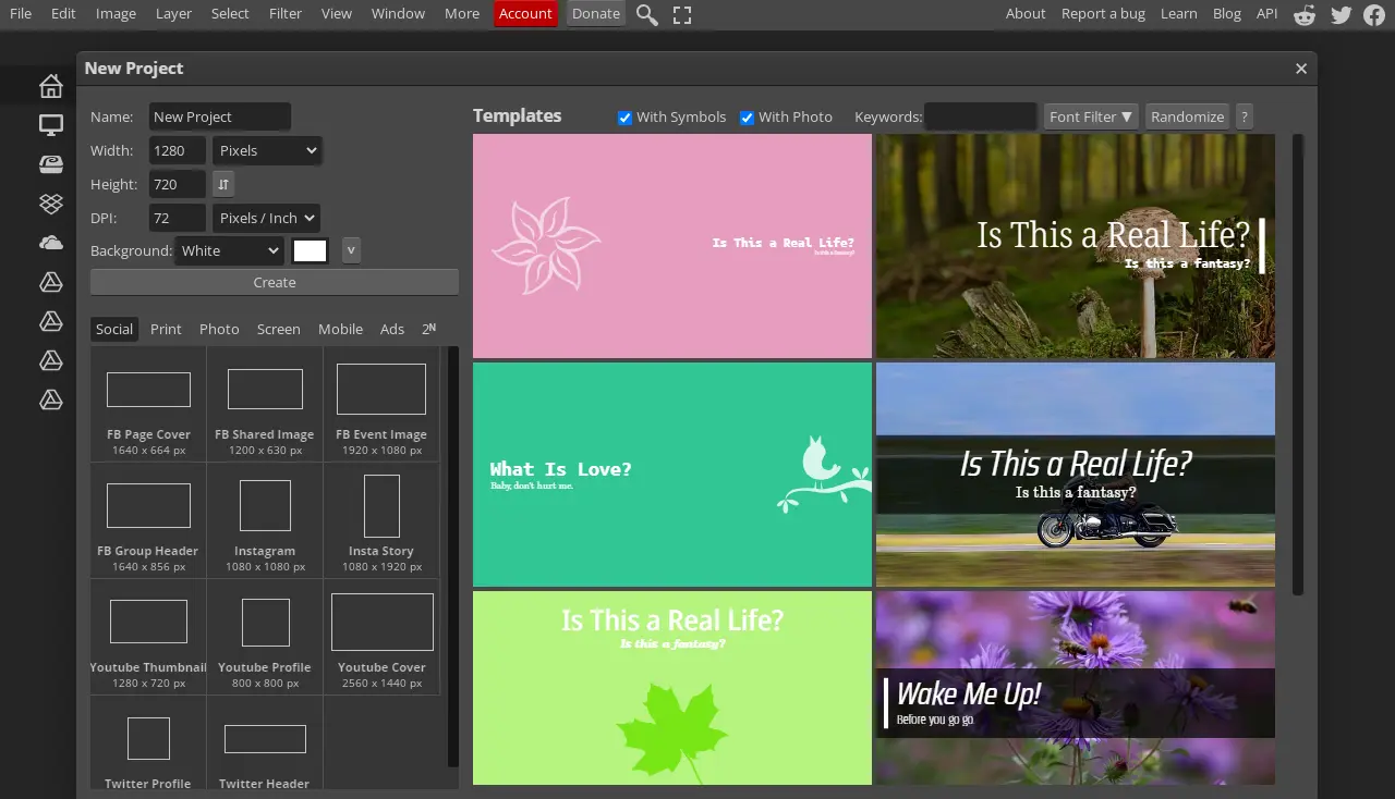 Photopea New Project - Features the new project interface in Photopea, where users can start fresh designs or edits.