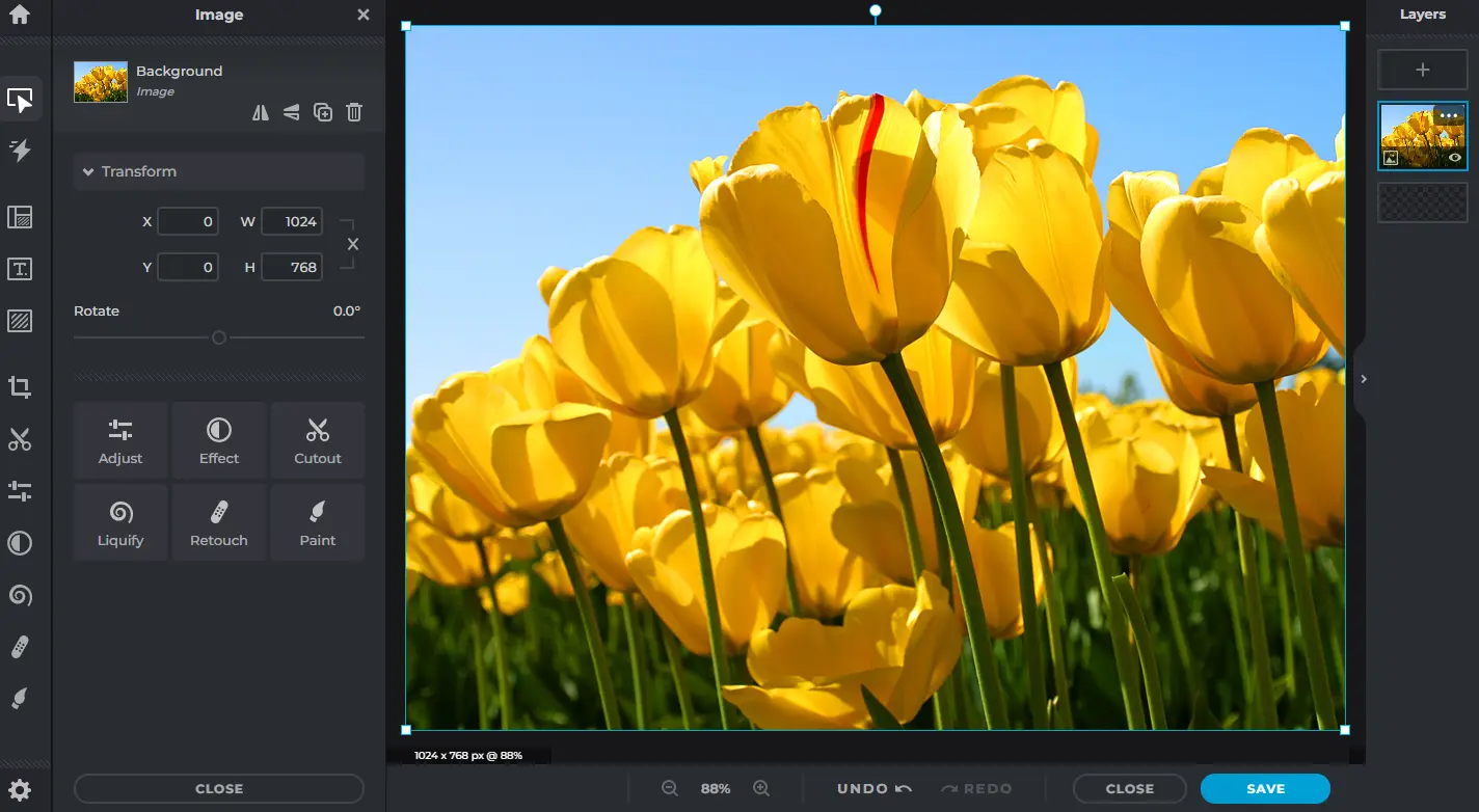 Pixlr X - Displays the main interface of Pixlr X, a streamlined photo editor designed for quick and easy adjustments.