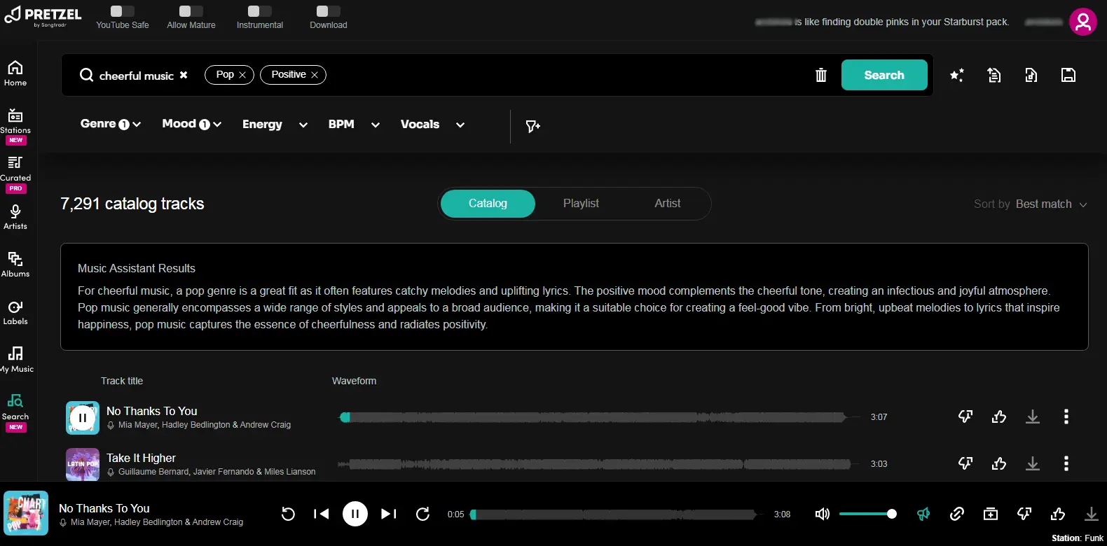 Pretzel Rocks Ai Assistant - Shows the AI assistant in Pretzel Rocks, which helps users curate music playlists based on their preferences.