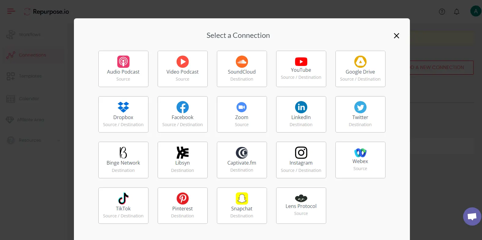 Repurpose Io Connections - Shows the connections interface in Repurpose.io, where users can link various social and content platforms.