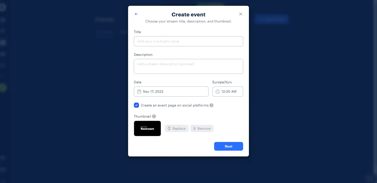 Restream Create Event - Displays the event creation interface in Restream, allowing users to plan and schedule live streams.
