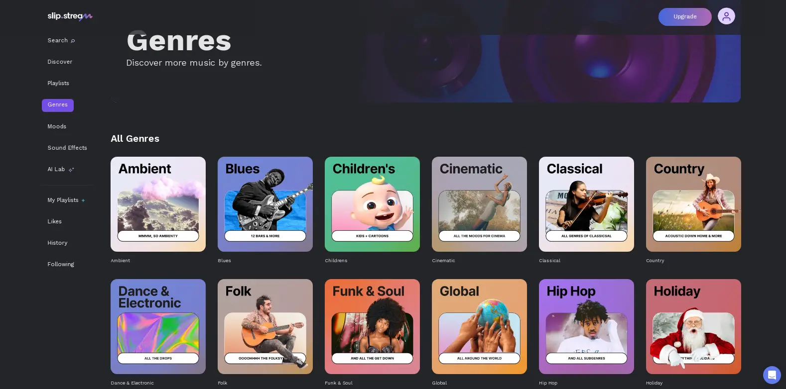 Slip Stream Genres - Shows the genres interface in Slip Stream, where users can explore music sorted by specific genres.