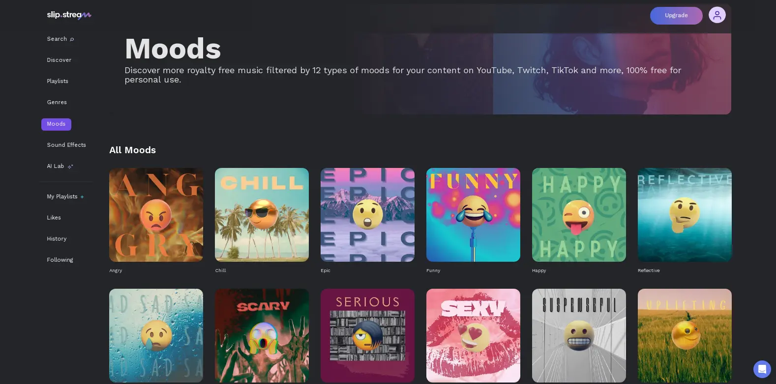 Slip Stream Moods - Features the moods section in Slip Stream, offering playlists that match different emotional or situational needs.