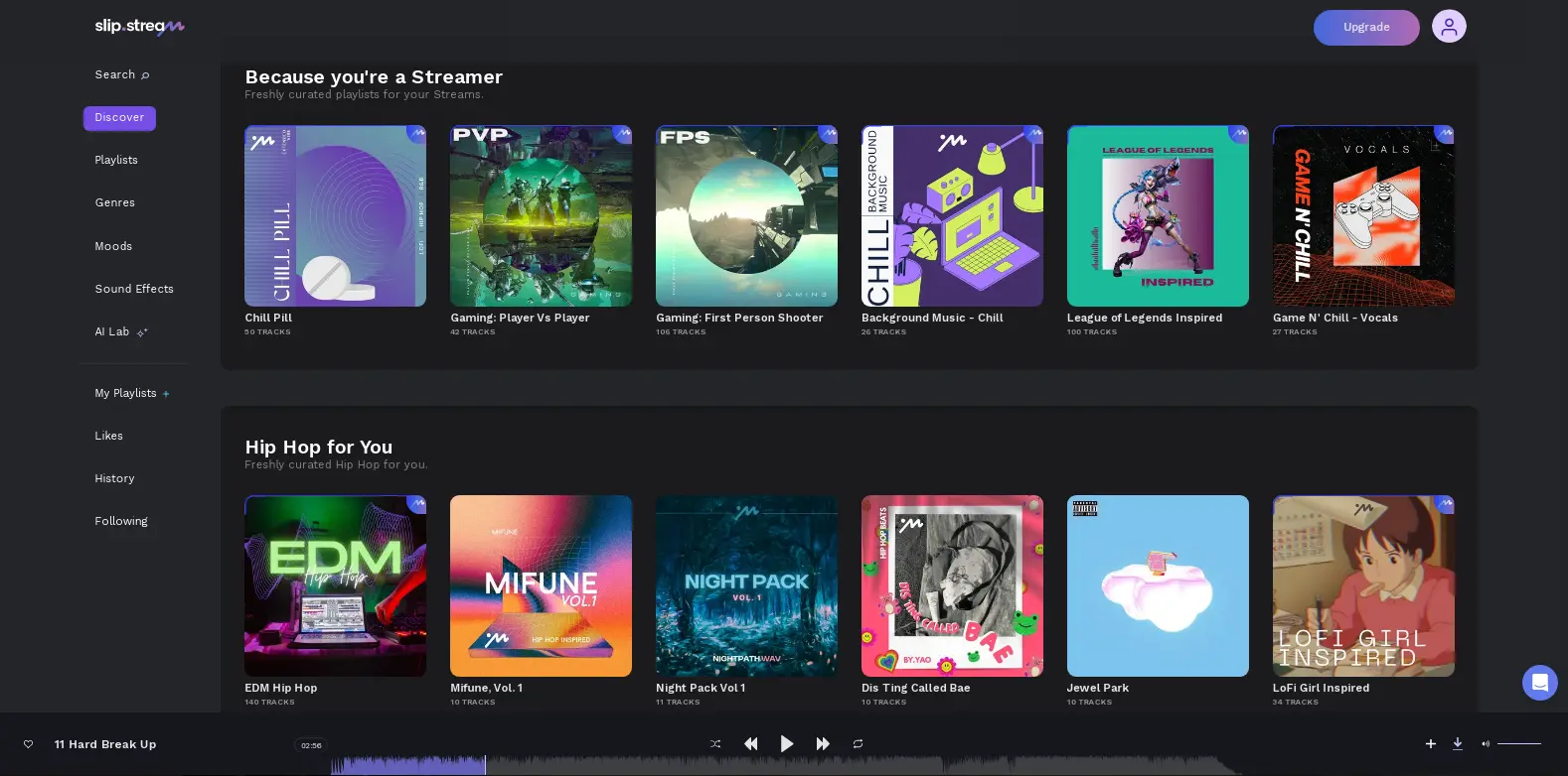 Slip Stream Playlists - Displays the playlist library in Slip Stream, providing a variety of curated music sets for different occasions.