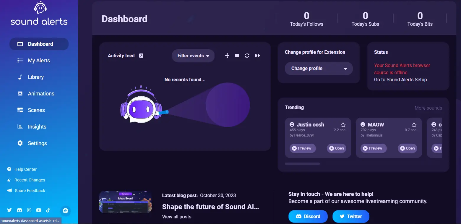 Sound Alerts Dashboard - Displays the main dashboard in Sound Alerts, offering access to settings and features for managing alerts.