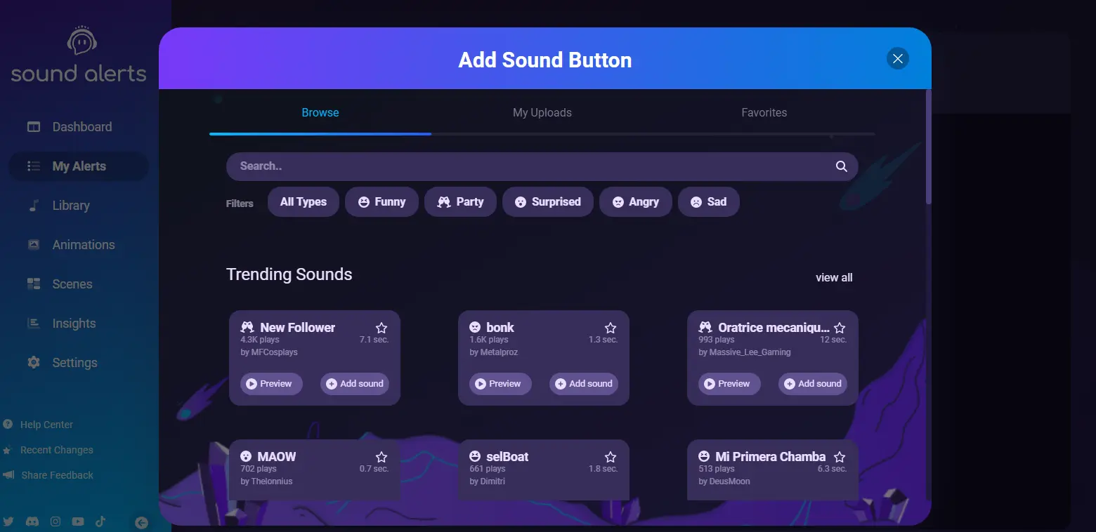 Sound Alerts Sound Button - Highlights the sound button feature in Sound Alerts, enabling users to activate sounds directly from their stream.