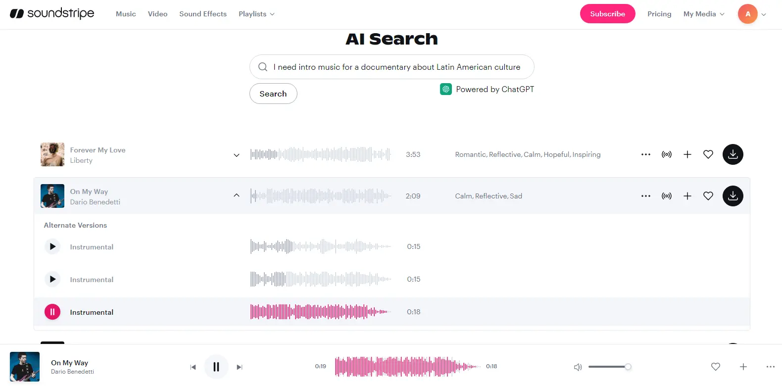 Soundstripe Ai Music Search - Features the AI-powered music search tool in Soundstripe, helping users find tracks based on mood or theme.