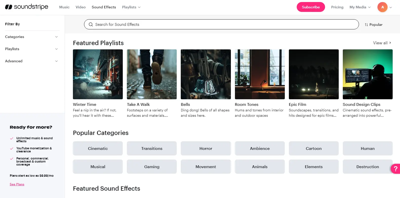 Soundstripe Sfx - Displays the sound effects library in Soundstripe, providing a wide range of audio clips for various uses.