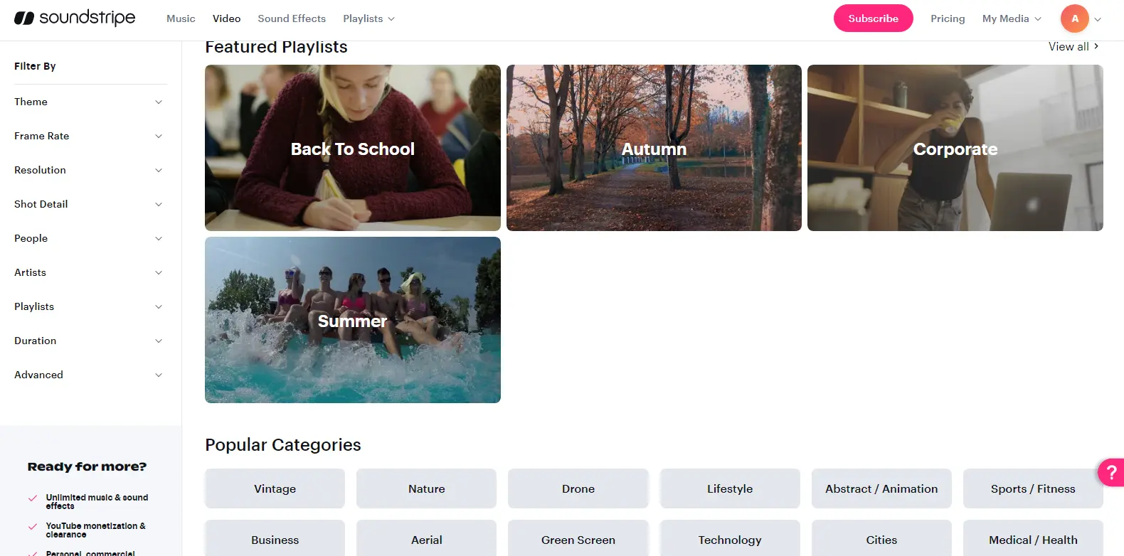 Soundstripe Video - Shows the video content section in Soundstripe, featuring stock footage and video clips for creative projects.