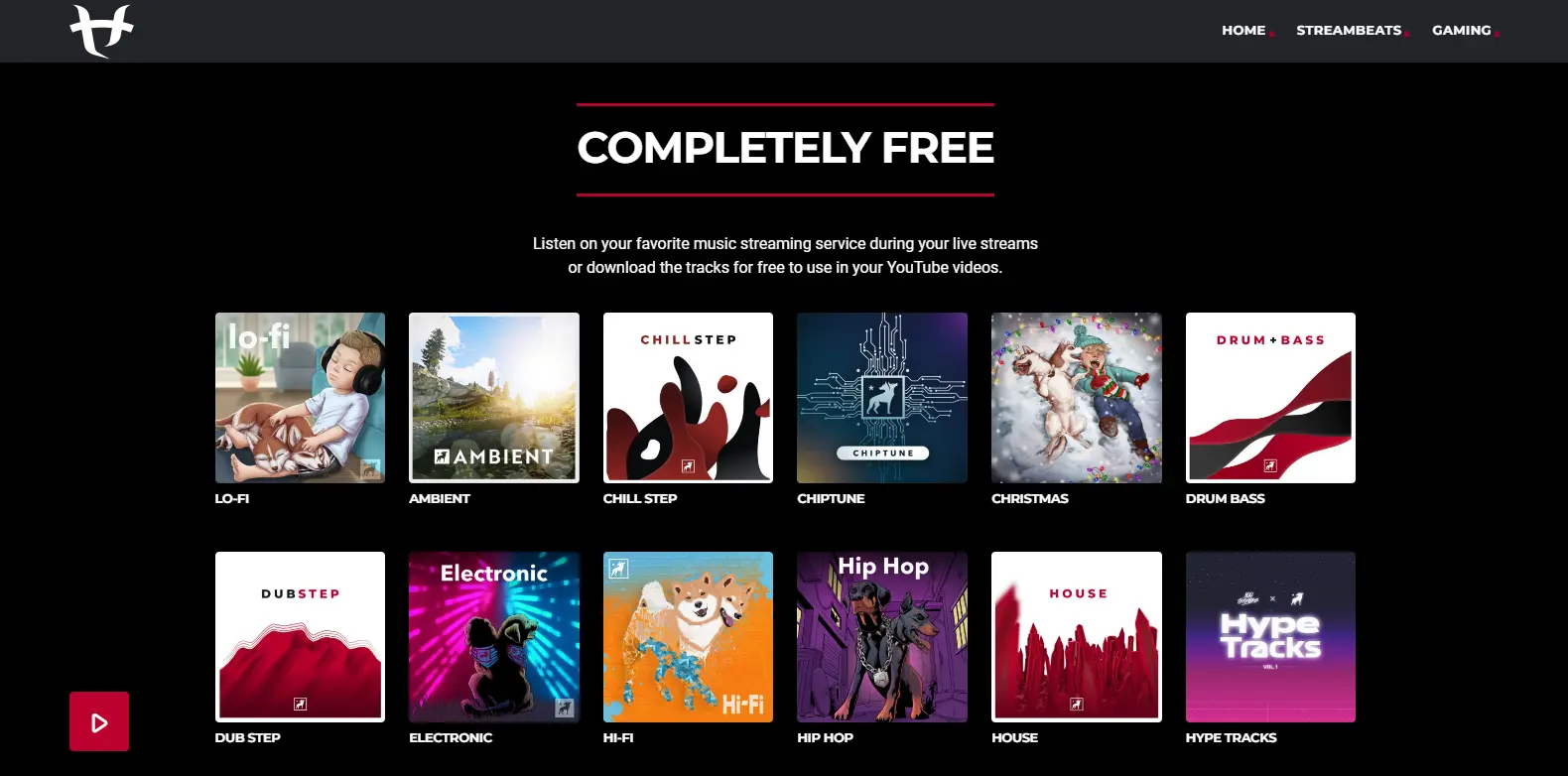 Streambeats - Displays the main interface of Streambeats, a music streaming service designed specifically for content creators.