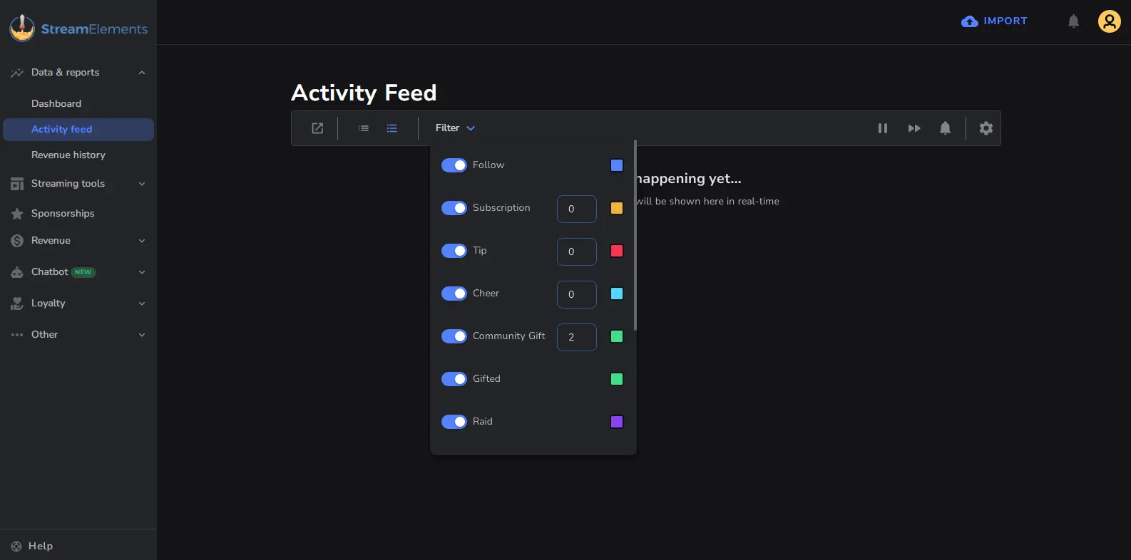 Streamelements Activity Feed - Shows the activity feed in Streamelements, providing real-time updates on interactions and engagements.