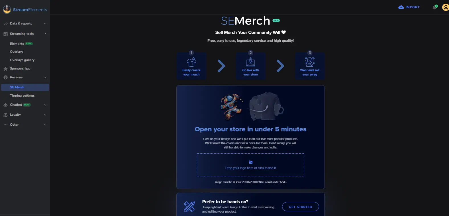 Streamelements Semerch - Shows the merchandise store setup in Streamelements, where users can design and sell custom branded products.