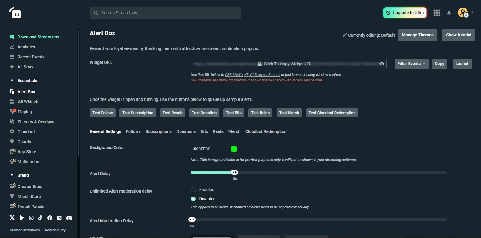 Streamlabs Web Alert Box - Displays the alert box settings in Streamlabs, allowing users to customize notifications for stream events.