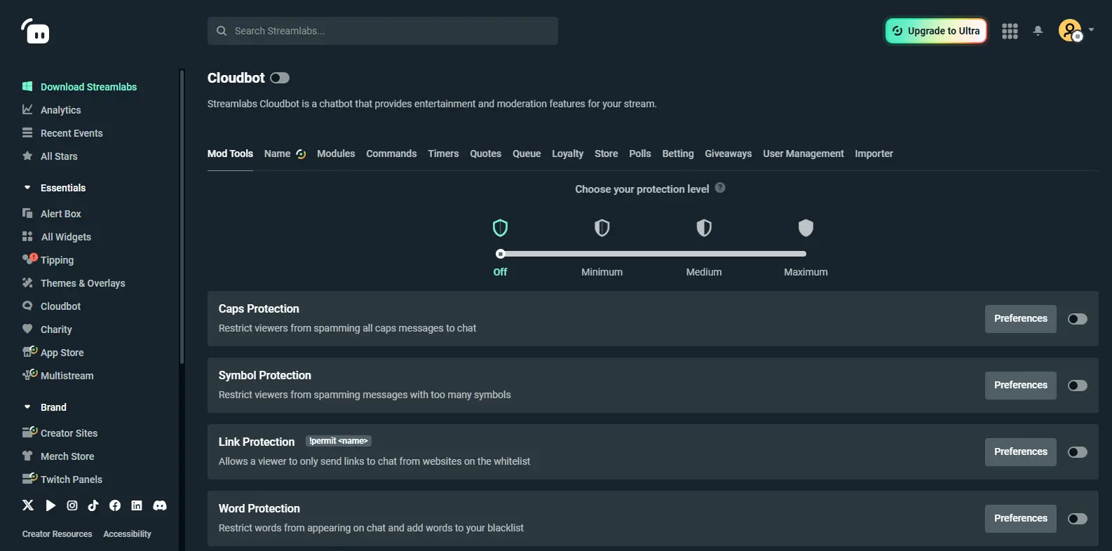 Streamlabs Web Cloudbot - Shows the Cloudbot management interface in Streamlabs, offering chat moderation and automation tools.